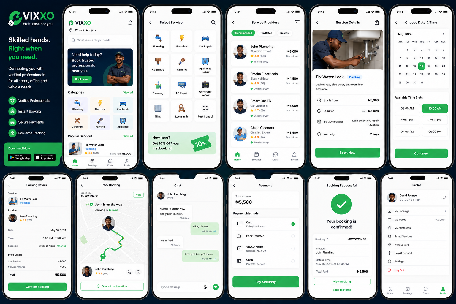 Vixxo marketplace app screens showing service discovery, providers, bookings and payments